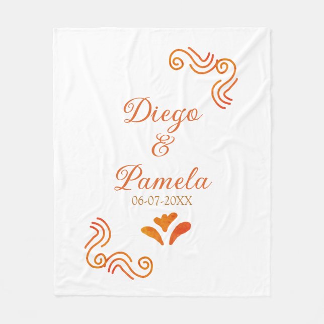 orange yellow rustic spanish wedding couple name fleece blanket (Front)