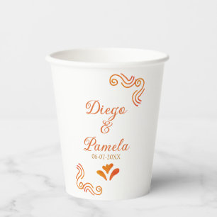 orange yellow rustic spanish wedding couple name paper cups