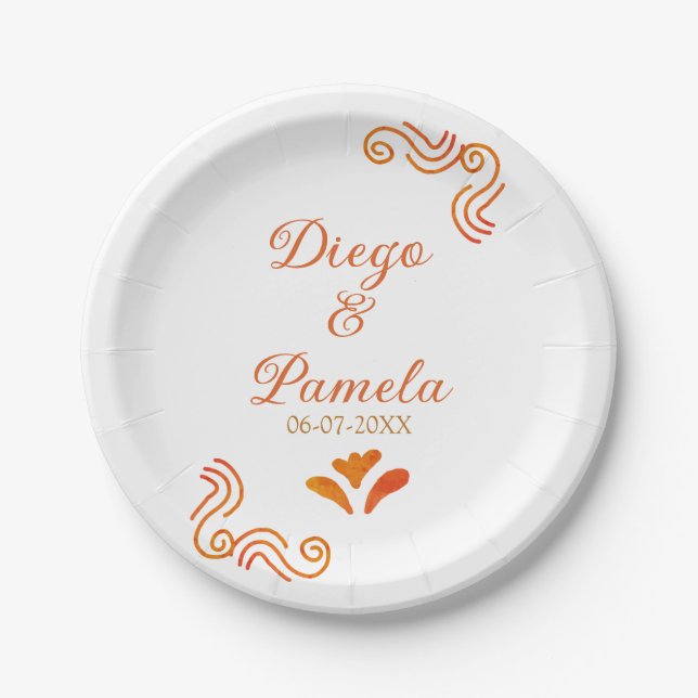 orange yellow rustic spanish wedding couple name paper plate (Front)