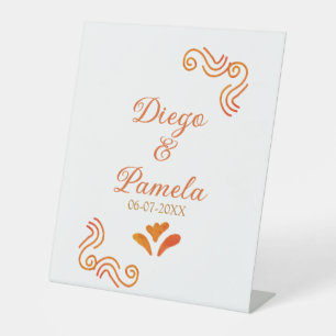 orange yellow rustic spanish wedding couple name pedestal sign