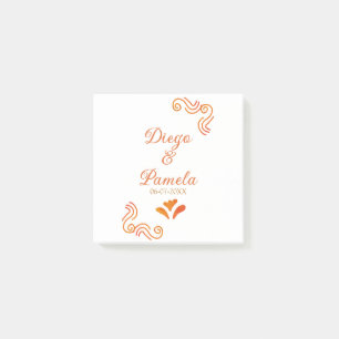 orange yellow rustic spanish wedding couple name post-it notes