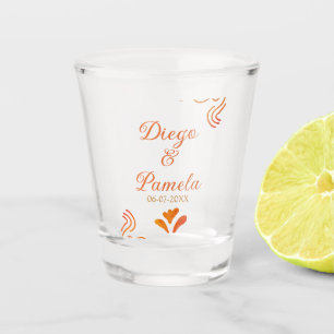 orange yellow rustic spanish wedding couple name shot glass