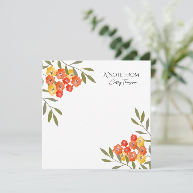 Orange Yellow Rustic Watercolor Floral  Note Card (Standing Front)