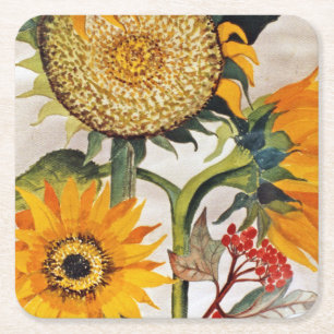 Orange Yellow Seeding Sunflower Art Square Paper Coaster