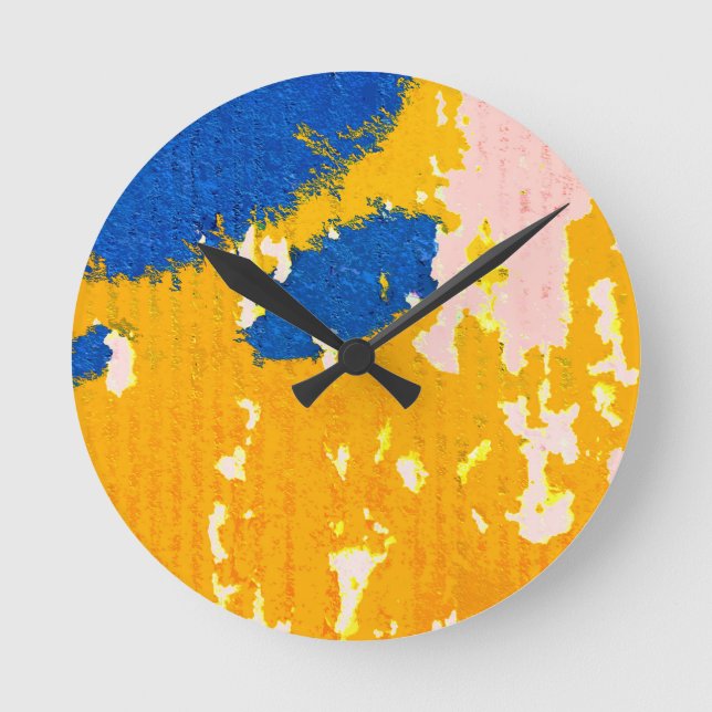 Orange Yellow Sky Blue Light Pink Peeling Paint Round Clock (Front)