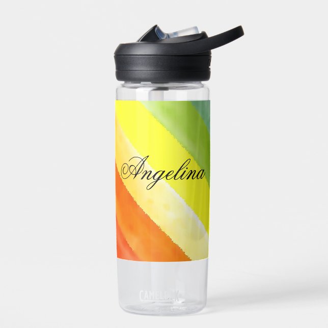 Orange yellow stripe watercolor name school water bottle (Left)