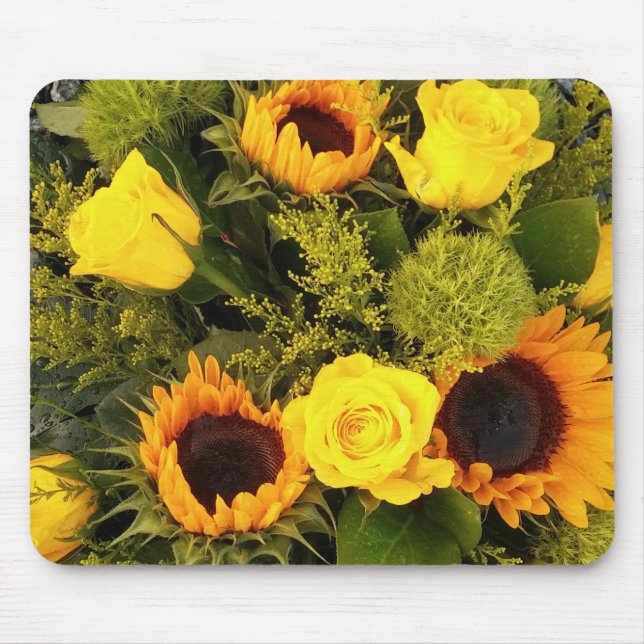 Orange Yellow Sunflower Roses Floral Bouquet Mouse Mat (Front)