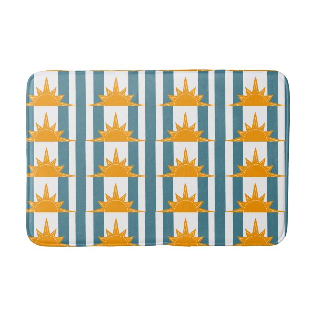 Orange Yellow Suns on Teal Stripes Bath Mat (Front)