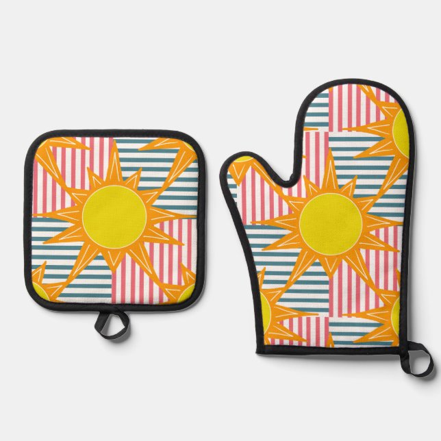 Orange Yellow Suns Stripes Checks Oven Mitt & Pot Holder Set (Front)