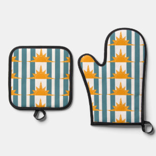Orange Yellow Suns Teal Stripes Oven Mitt & Pot Holder Set
