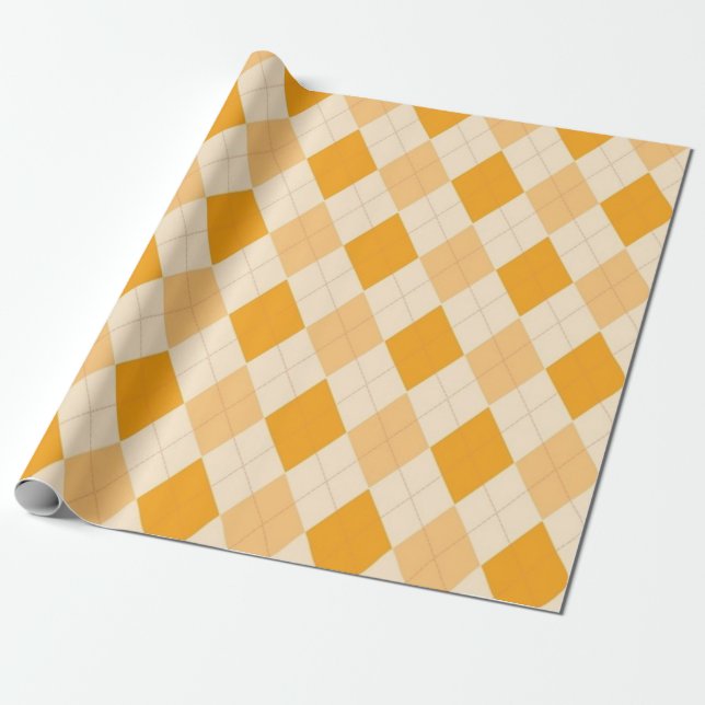 Orange Yellow Tan Argyle Plaid Design Wrapping Paper (Unrolled)