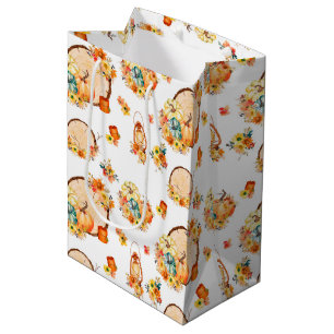 ORANGE YELLOW TEAL AUTUMN PUMPKINS FLOWERS MEDIUM GIFT BAG