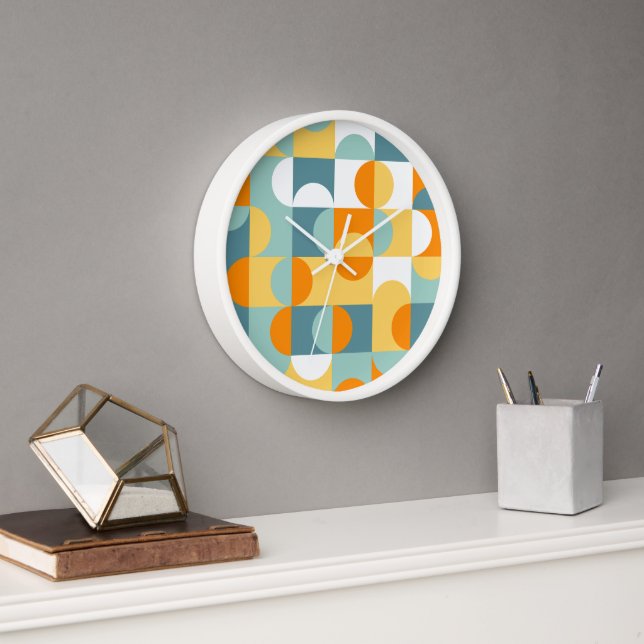 Orange Yellow Teal Blue Seafoam Retro Art Pattern Clock (Office)