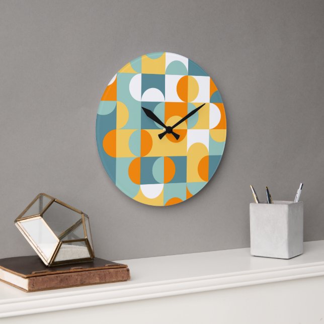 Orange Yellow Teal Blue Seafoam Retro Art Pattern Large Clock (Office)