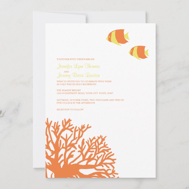 Orange & Yellow Tropical Coral Wedding Invitation (Front)