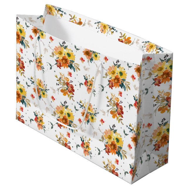 ORANGE & YELLOW WATERCOLOR FALL FLOWERS LARGE GIFT BAG (Front Angled)
