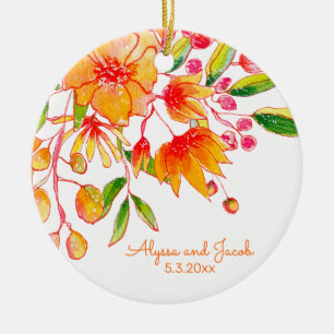 Orange Yellow Watercolor Floral Couple Names Date Ceramic Tree Decoration