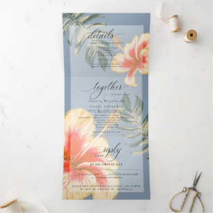 Orange Yellow Watercolor Hibiscus and Foliage Tri- Tri-Fold Invitation