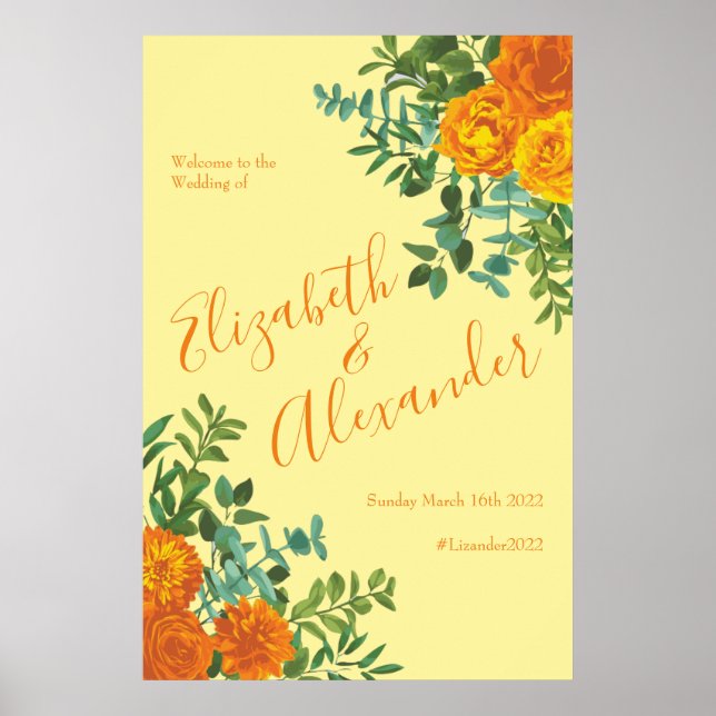 Orange Yellow Wedding Rose Floral Poster (Front)