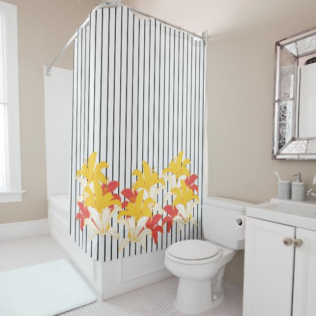 Orange Yellow White Flowers Black White Stripes Shower Curtain (In Situ)