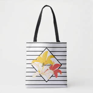 Orange Yellow White Flowers Black White Stripes Tote Bag