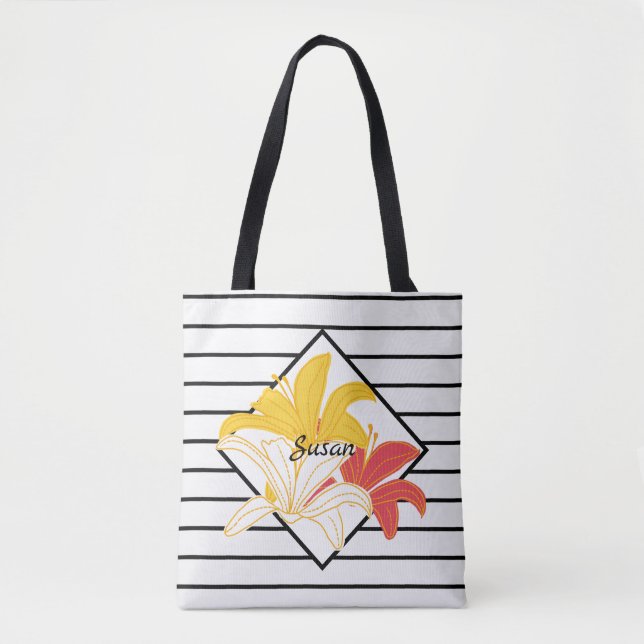 Orange Yellow White Flowers Black White Stripes Tote Bag (Front)