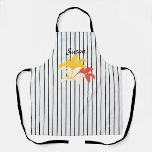 Orange Yellow White Flowers on Black and White Apron