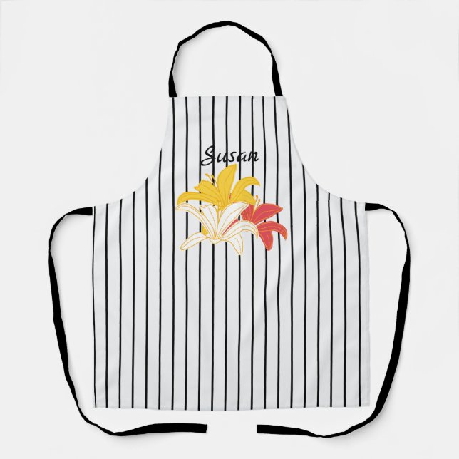 Orange Yellow White Flowers on Black and White  Apron (Front)