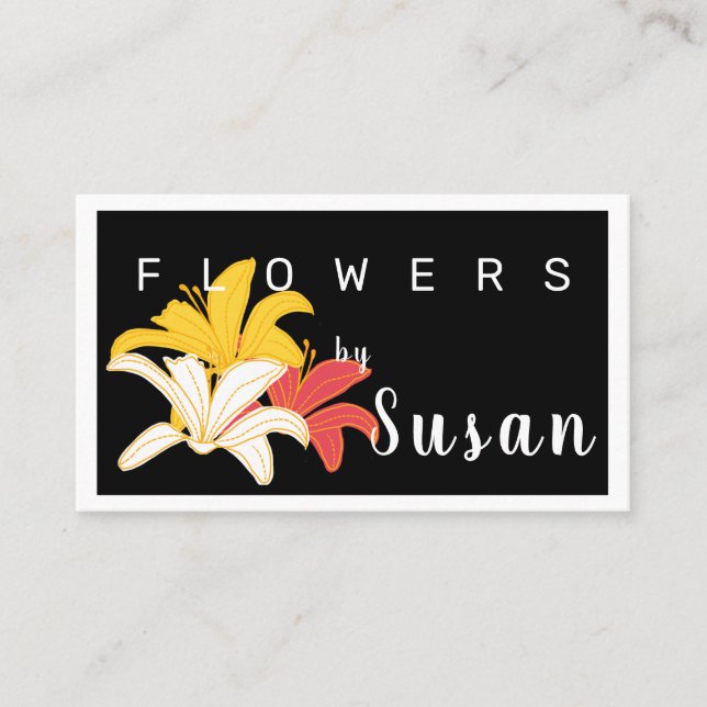 Orange Yellow White Flowers on Black Business Card (Front)