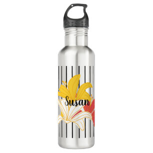 Orange Yellow White Flowers on Black Stripes 710 Ml Water Bottle