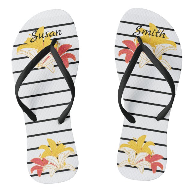 Orange Yellow White Flowers on Black White Stripes Flip Flops (Footbed)