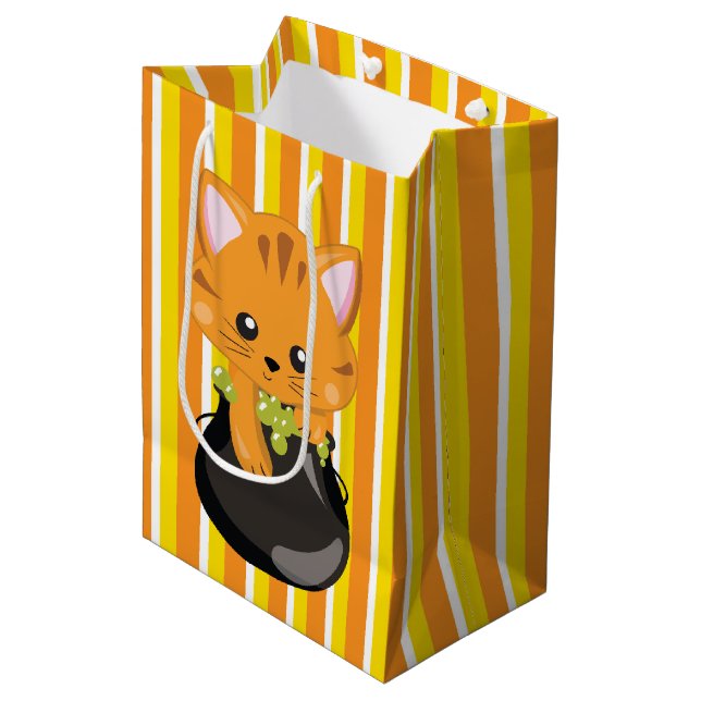 ORANGE YELLOW WHITE STRIPES & CUTE ORANGE CAT MEDIUM GIFT BAG (Front Angled)