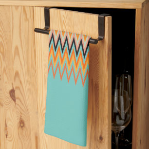 Orange Yellow Zigzag Pattern on Teal Tea Towel