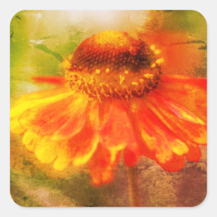 Orange Yellow Zinnia Flower Art Square Sticker