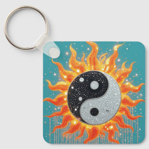 Orange Yin Yang With Golden Radiant Details Key Ring