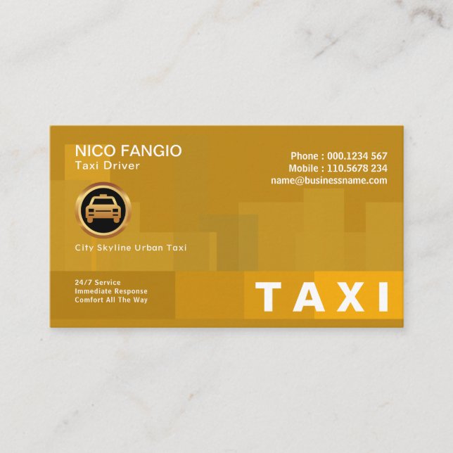 Orange Zest Artistic Dynamic City Silhouette Taxi Business Card (Front)