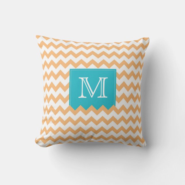 Orange Zig Zag Pattern & turquoise monogram box Cushion (Front)