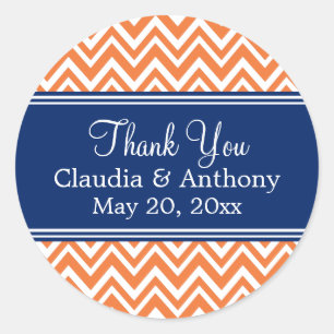 Orange Zigzag Pattern, Royal Blue Thank You Classic Round Sticker