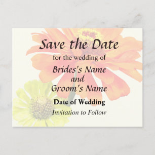 Orange Zinnia and Yellow Zinnia Save the Date Announcement Postcard