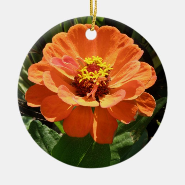 Orange Zinnia Custom Birthday Ceramic Tree Decoration (Front)