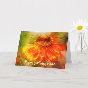 Orange Zinnia Floral Art Personalise Birthday Card