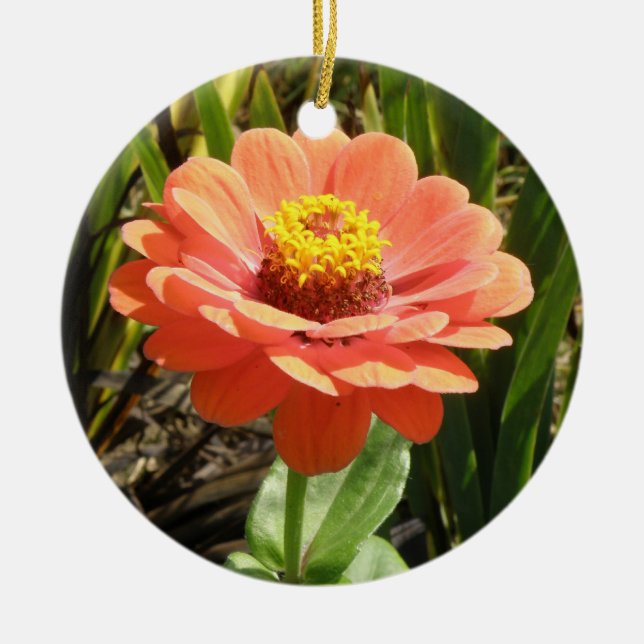 Orange Zinnia Flower Custom Birthday Ceramic Tree Decoration (Front)
