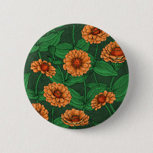 Orange Zinnia flowers, green leaves on dark green 6 Cm Round Badge