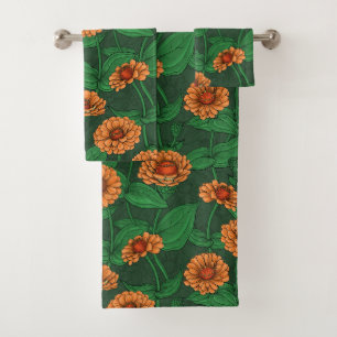 Orange Zinnia flowers, green leaves on dark green Bath Towel Set