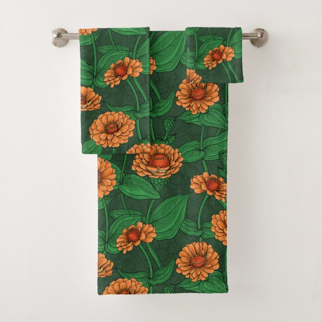 Orange Zinnia flowers, green leaves on dark green Bath Towel Set (Insitu)