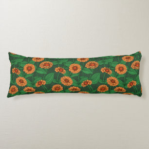 Orange Zinnia flowers, green leaves on dark green Body Cushion