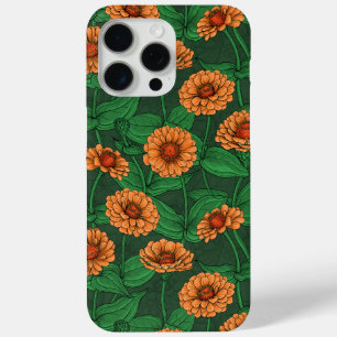 Orange Zinnia flowers, green leaves on dark green iPhone 15 Pro Max Case