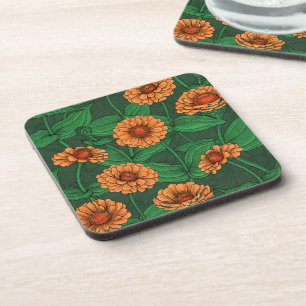 Orange Zinnia flowers, green leaves on dark green Coaster