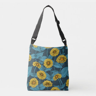Orange Zinnia flowers, green leaves on dark green Crossbody Bag