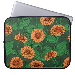 Orange Zinnia flowers, green leaves on dark green Laptop Sleeve